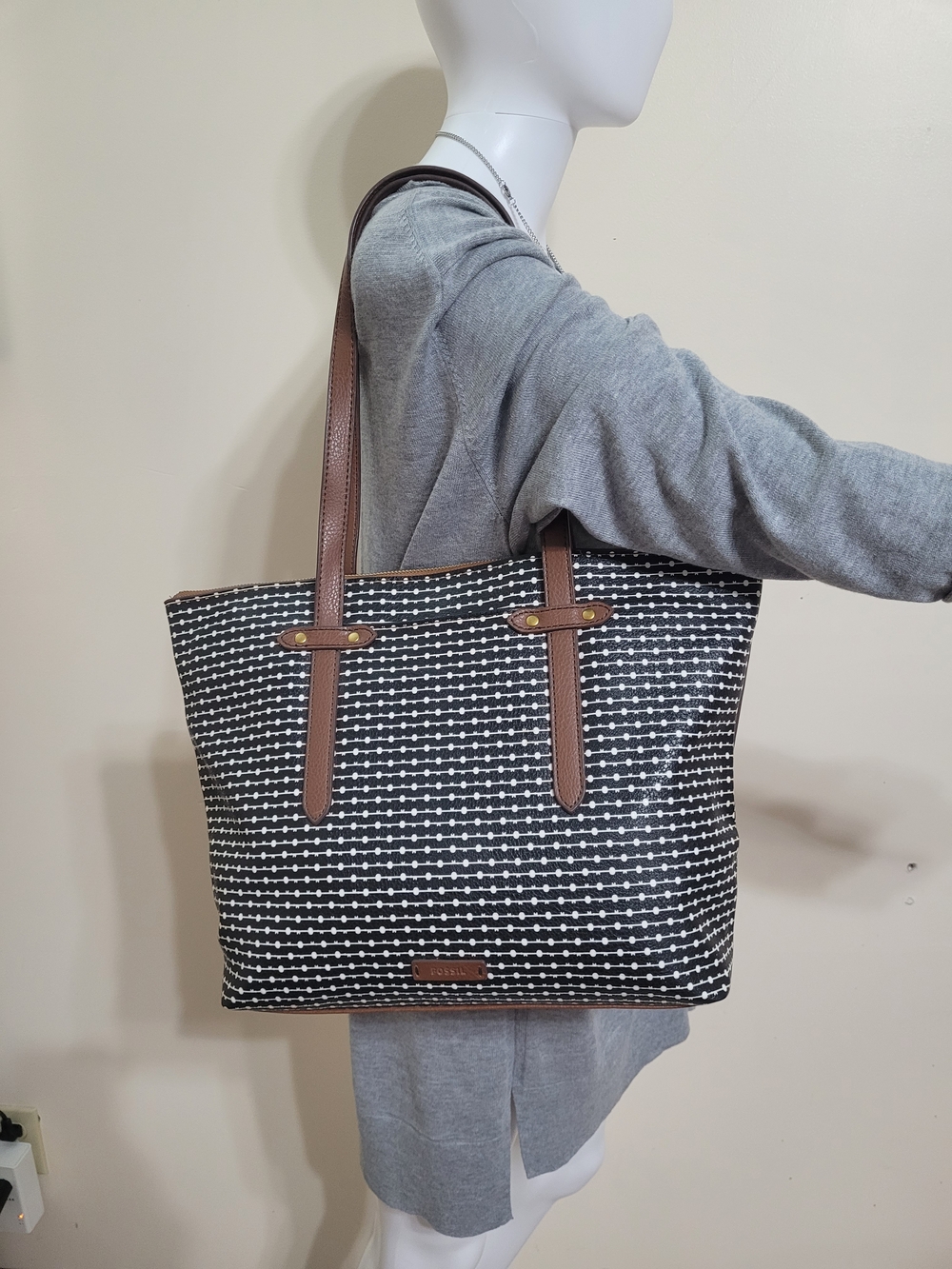Fossil Black & White Patterned Tote with Brown Straps